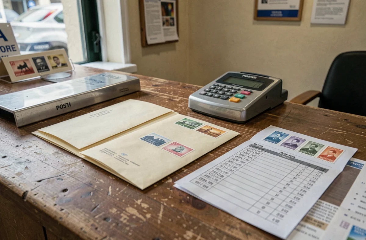 Enveloppes, balance postale et grille tarifaire sur un comptoir de bureau de poste, tarification lettres 2026