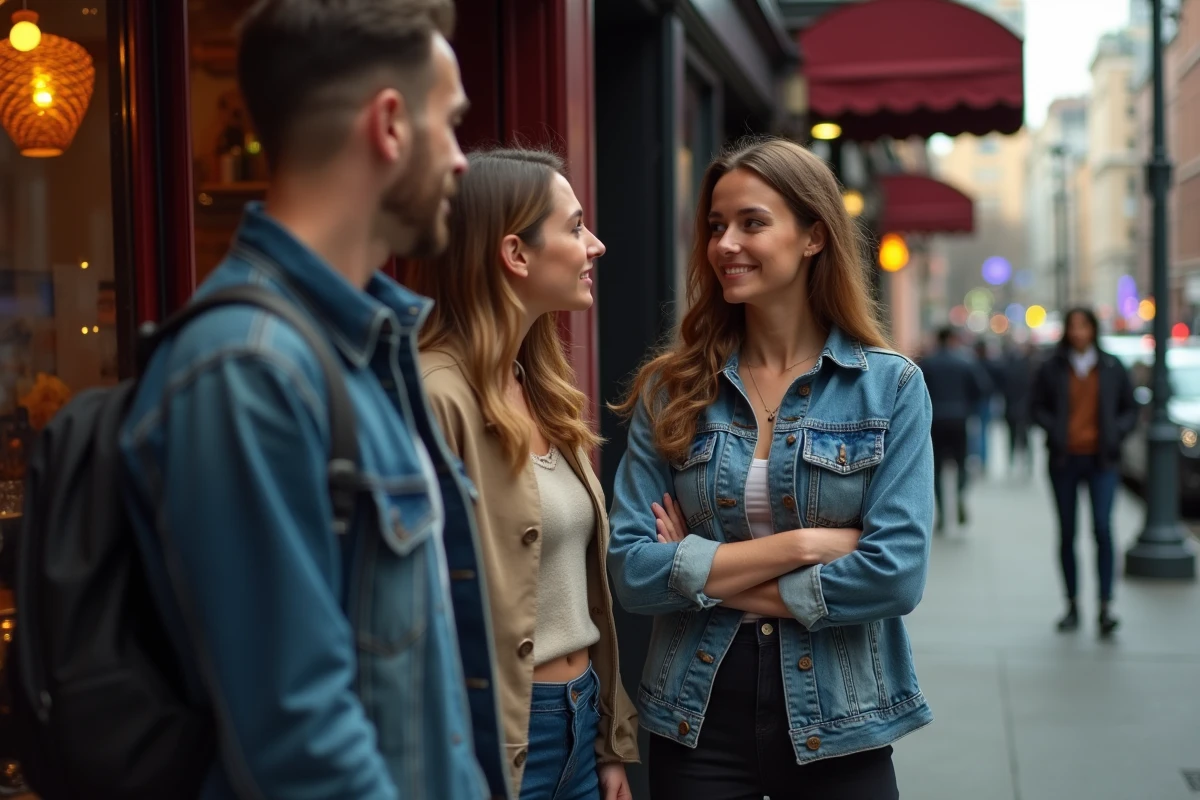 Trois personnes discutant dehors dans une ambiance urbaine