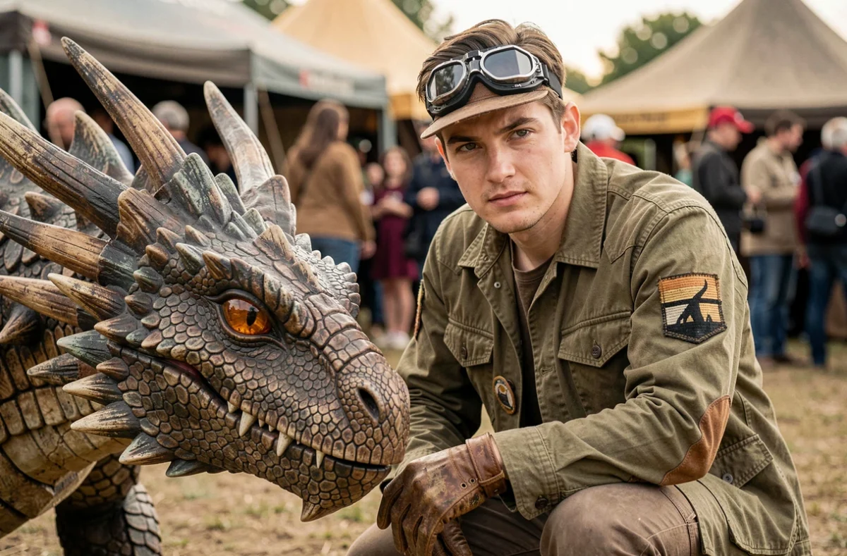 Cosplayeur déguisé en gardien de dragons pose aux côtés d'une réplique de tête de Magyar à pointes lors d'une convention Harry Potter en plein air
