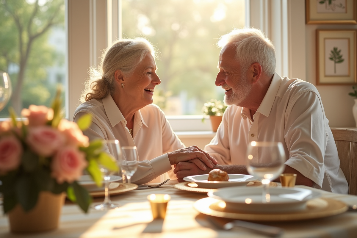 Couple agee lors d un diner d anniversaire romantique