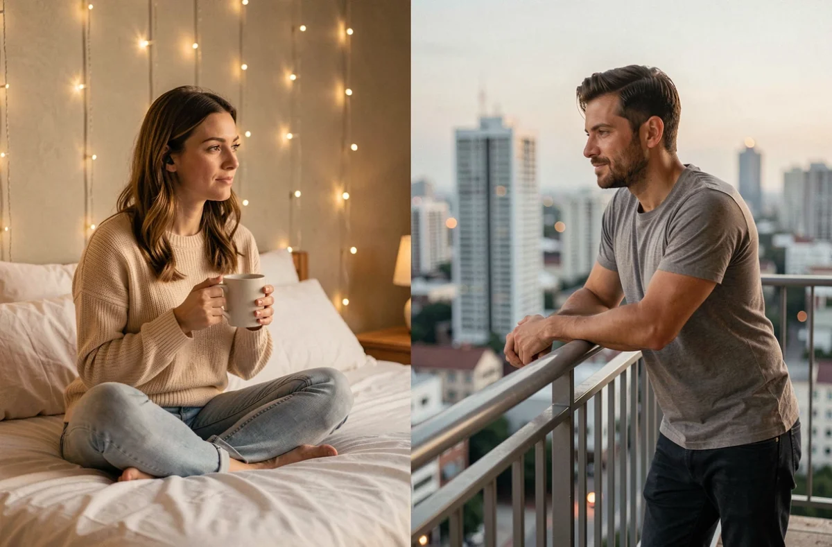 Couple en appel vidéo depuis deux endroits différents, illustrant l'amour à distance