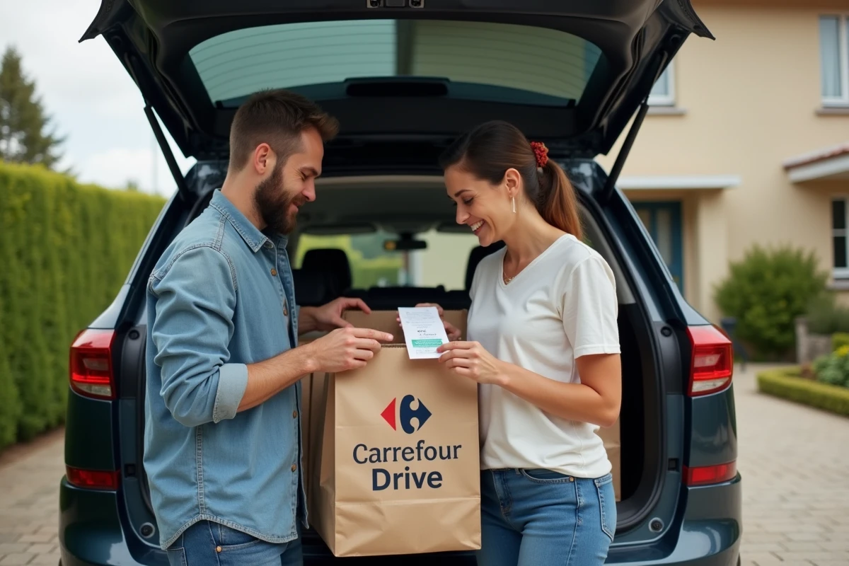 Couple déchargeant des courses Carrefour Drive depuis leur SUV en vérifiant les économies réalisées grâce à un code promo