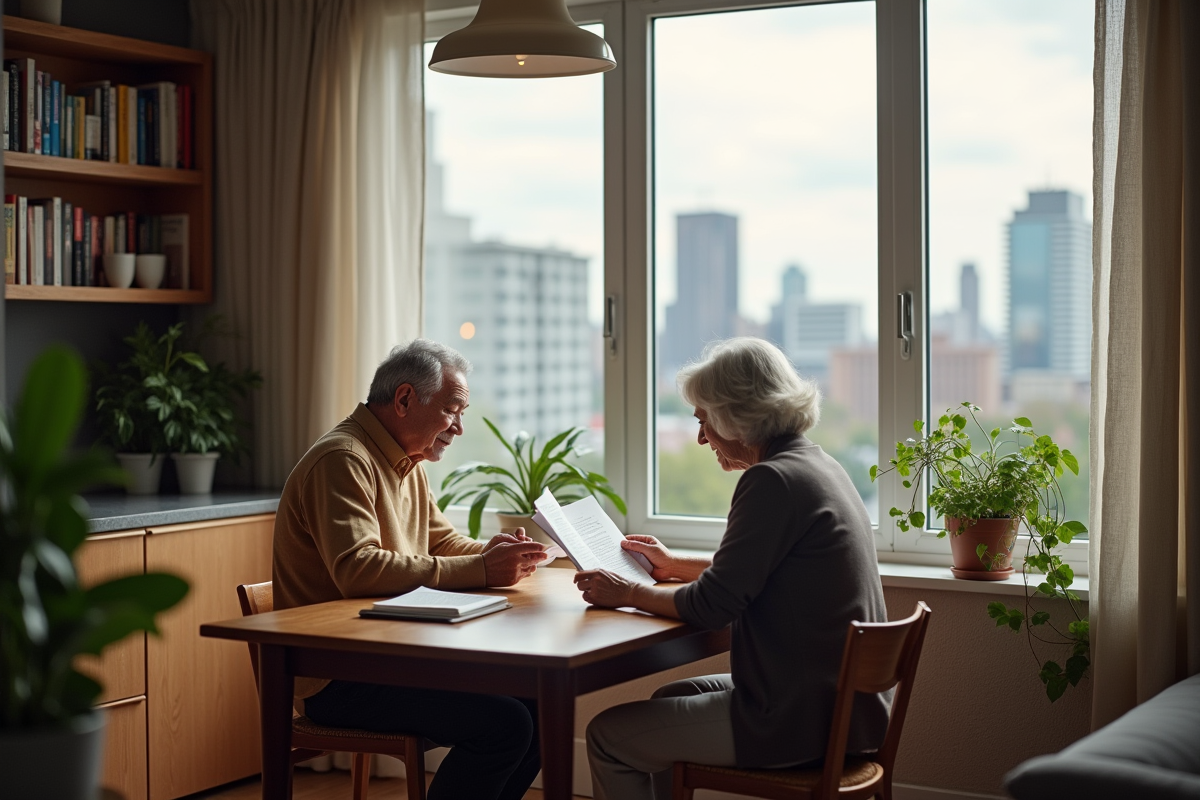 Couple retraité lisant des documents dans un intérieur cosy