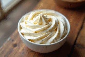 Bol de crème vanille fouettée avec grains de vanille