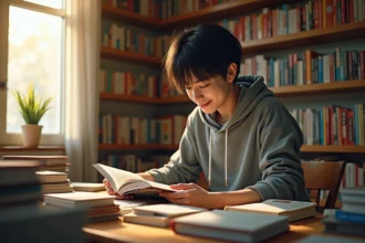 Jeune homme lisant un manga One Piece assis à un bureau en bois entouré de volumes de manga