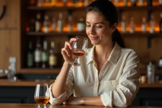 Femme découvrant le whisky Johnnie Walker dans un bar chaleureux, tenant un verre d'amber whisky