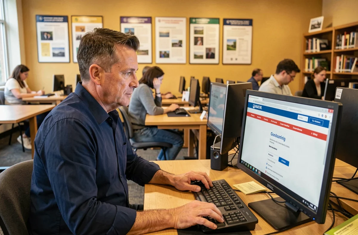 Homme consultant le site France Travail sur un ordinateur dans un espace de coworking pour se désinscrire en ligne