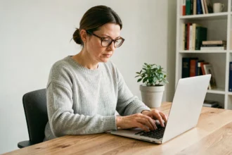 Femme en télétravail effectuant une désinscription en ligne sur un ordinateur portable depuis son bureau à domicile
