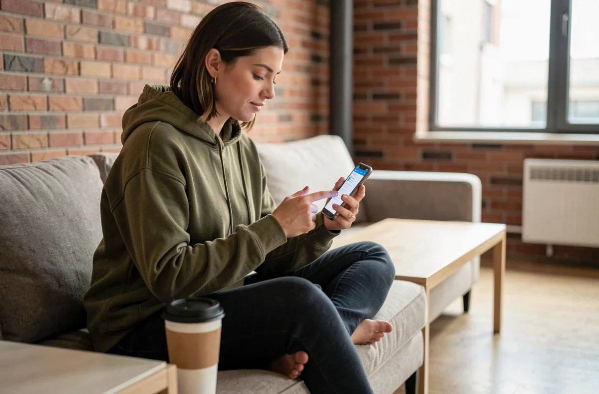 Jeune femme utilisant son smartphone sur un canapé pour effectuer sa désinscription France Travail depuis une application mobile