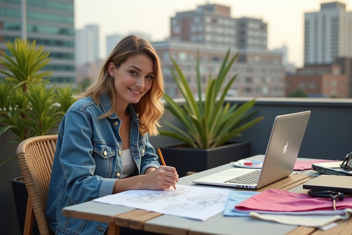 Jeune créatrice de mode dessinant sur un rooftop urbain