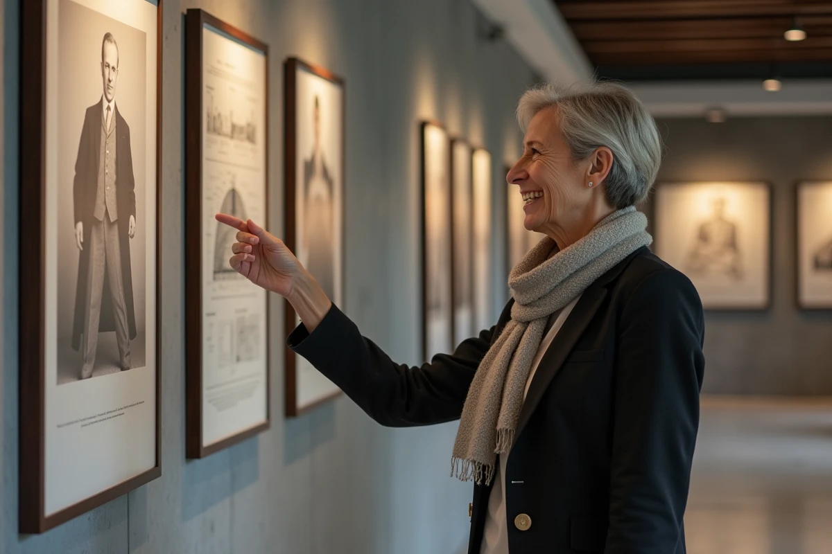 Directrice souriante montre des photos historiques dans un bureau