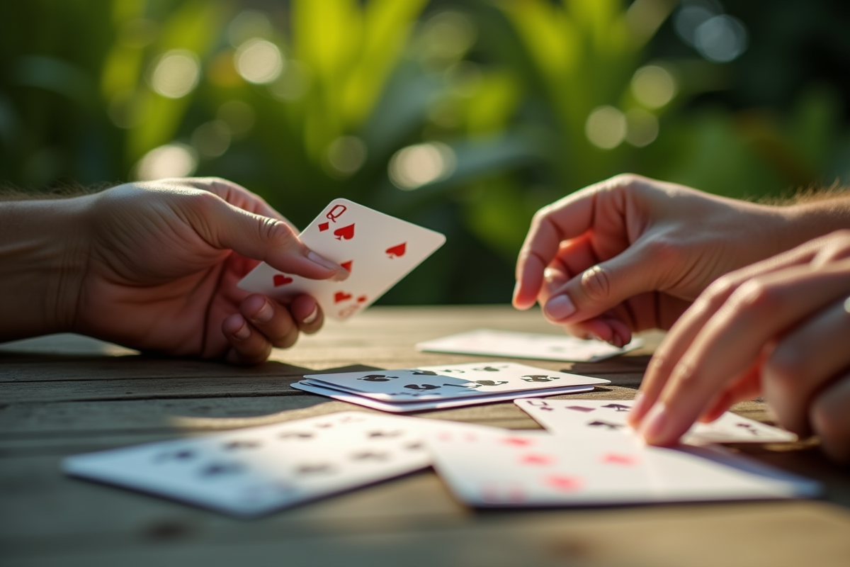 Mains distribuant des cartes de belote en extérieur en plein air