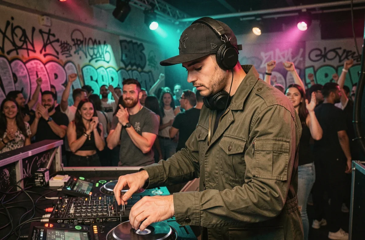 DJ L'As M concentré sur ses platines dans un club parisien aux murs couverts de graffitis colorés