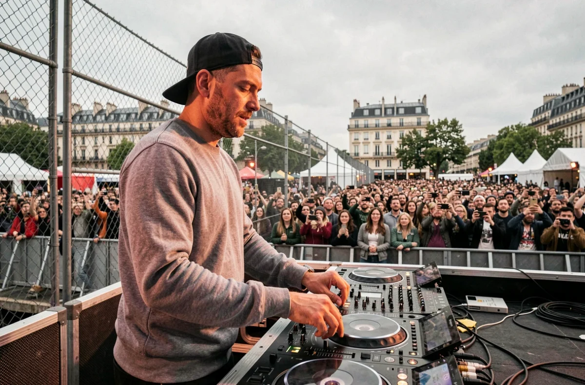 DJ Normix sur scène lors d'un festival urbain en plein air à Paris devant une large foule