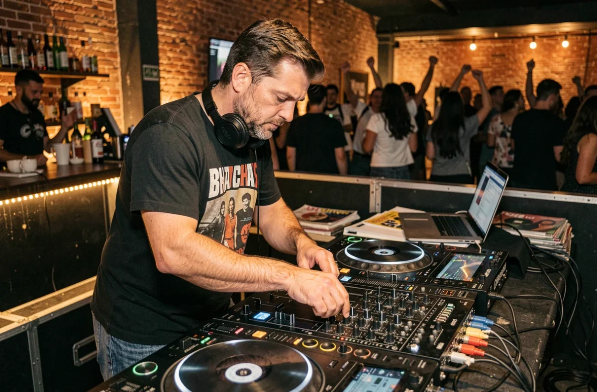 DJ professionnel concentré derrière sa table de mixage dans une salle de concert, foule dansante en arrière-plan