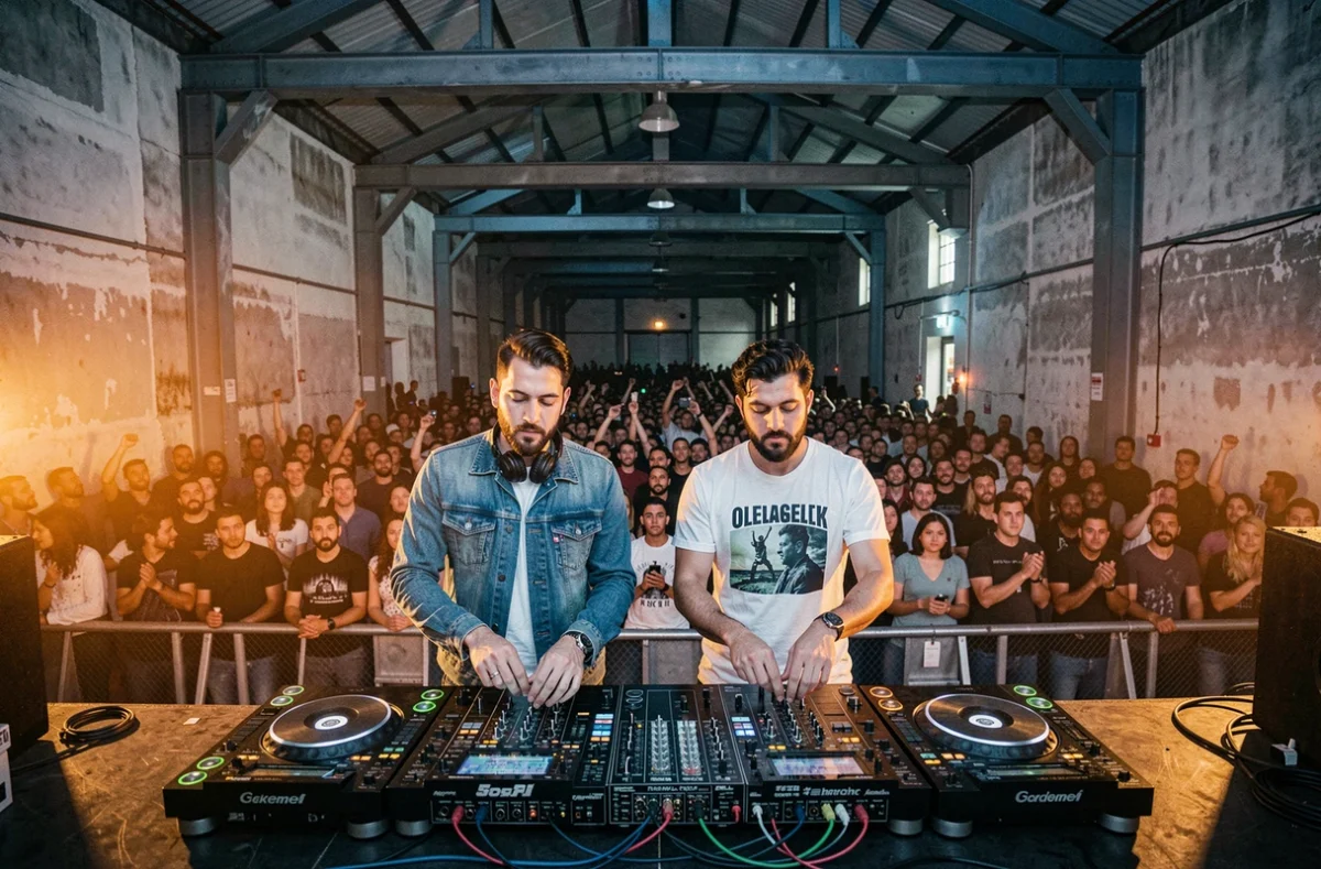 Le duo Dos Monkeys performant ensemble derrière un double setup DJ dans un warehouse fest parisien