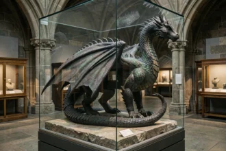 Sculpture hyperréaliste d'un dragon Norvégien à crête aux écailles sombres exposée dans une salle muséale gothique inspirée de l'univers Harry Potter