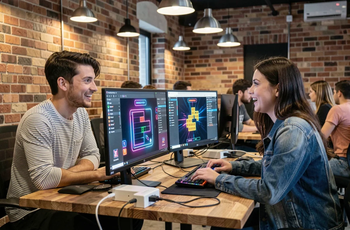Deux jeunes adultes jouant ensemble à un jeu de démineur moderne dans un café gaming urbain