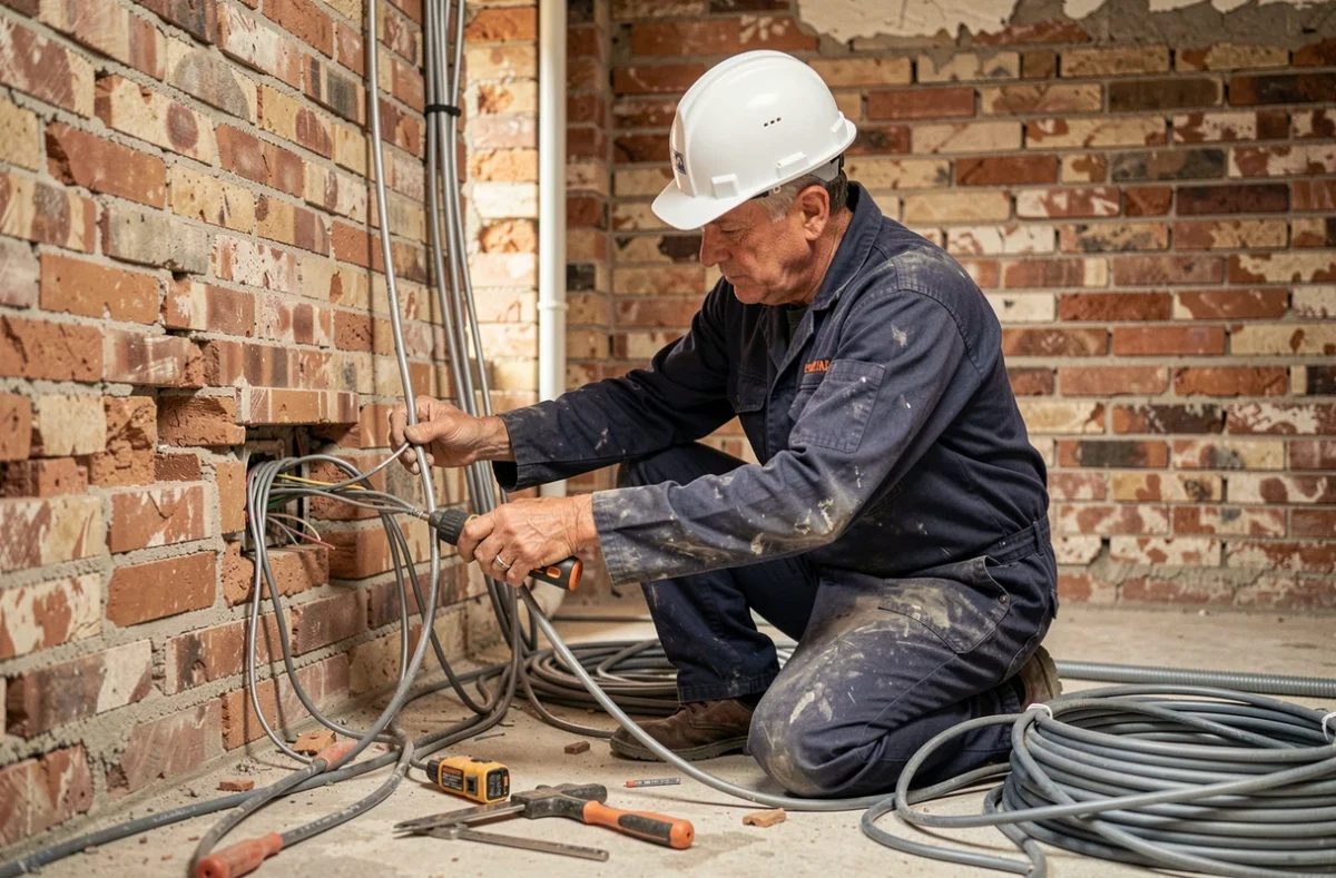Spécialiste de rénovation électrique EGR travaillant sur une installation ancienne dans une maison en rénovation à Nancy