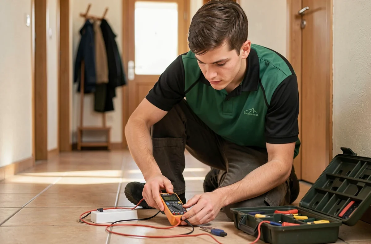 Technicien d'Elec Solutions 54 en dépannage électrique dans un couloir résidentiel en Meurthe-et-Moselle