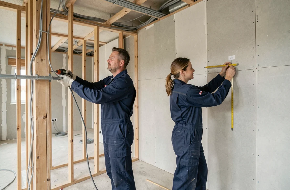 Équipe d'Elec3.c.i.t travaillant ensemble sur un chantier résidentiel neuf à Nancy pour particuliers et professionnels