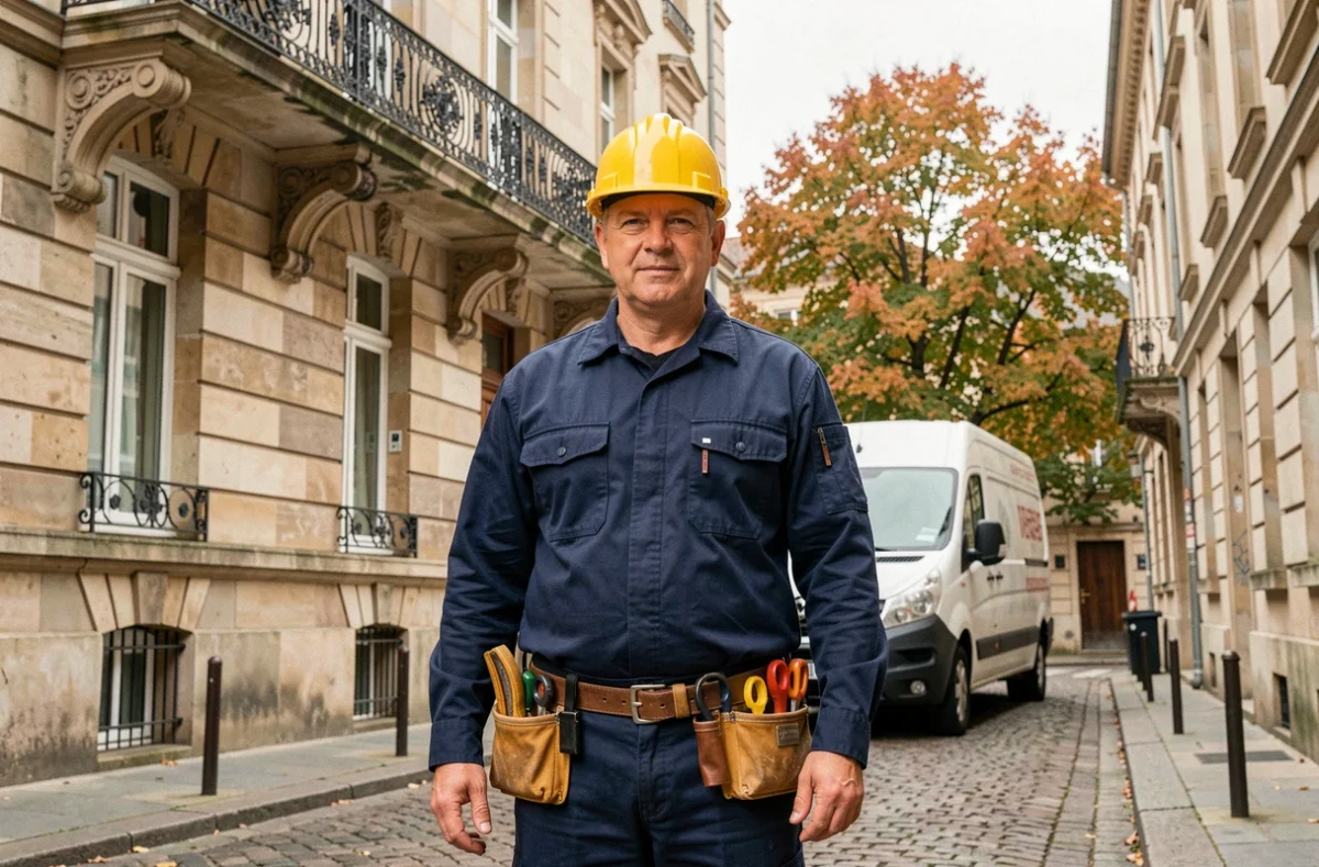 Électricien professionnel devant un immeuble haussmannien à Nancy, van de service garé en arrière-plan
