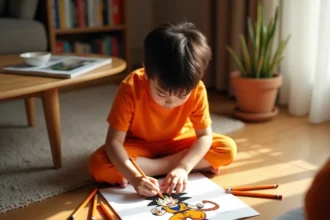 Jeune garçon coloriant une page Dragon Ball avec Goku en crayons orange sur un plancher en bois dans un salon cosy