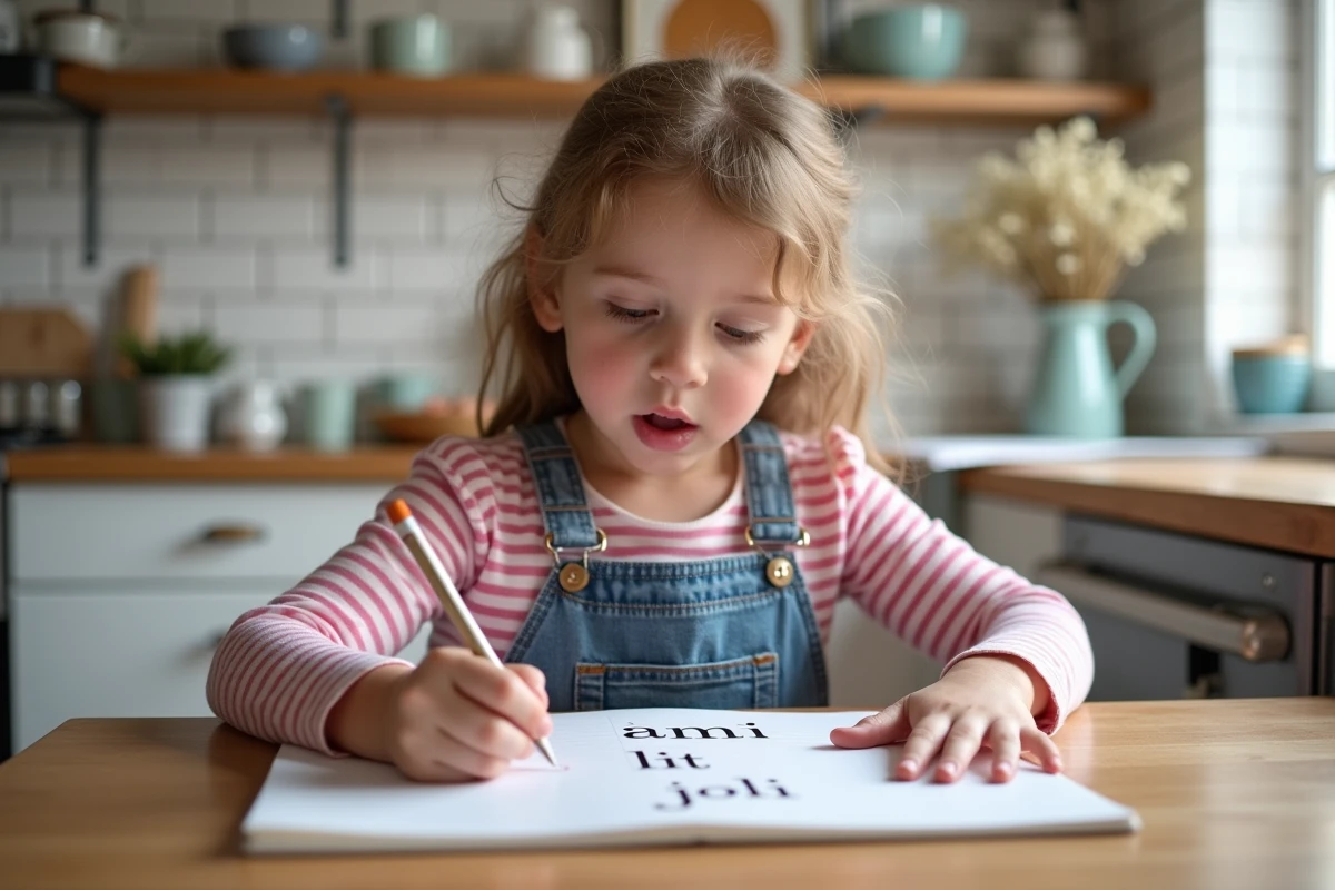 Fillette écrivant des mots qui riment en -i dans un cahier à la table de la cuisine familiale