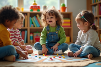 Fille d age préscolaire jouant avec des enfants dans une classe lumineuse