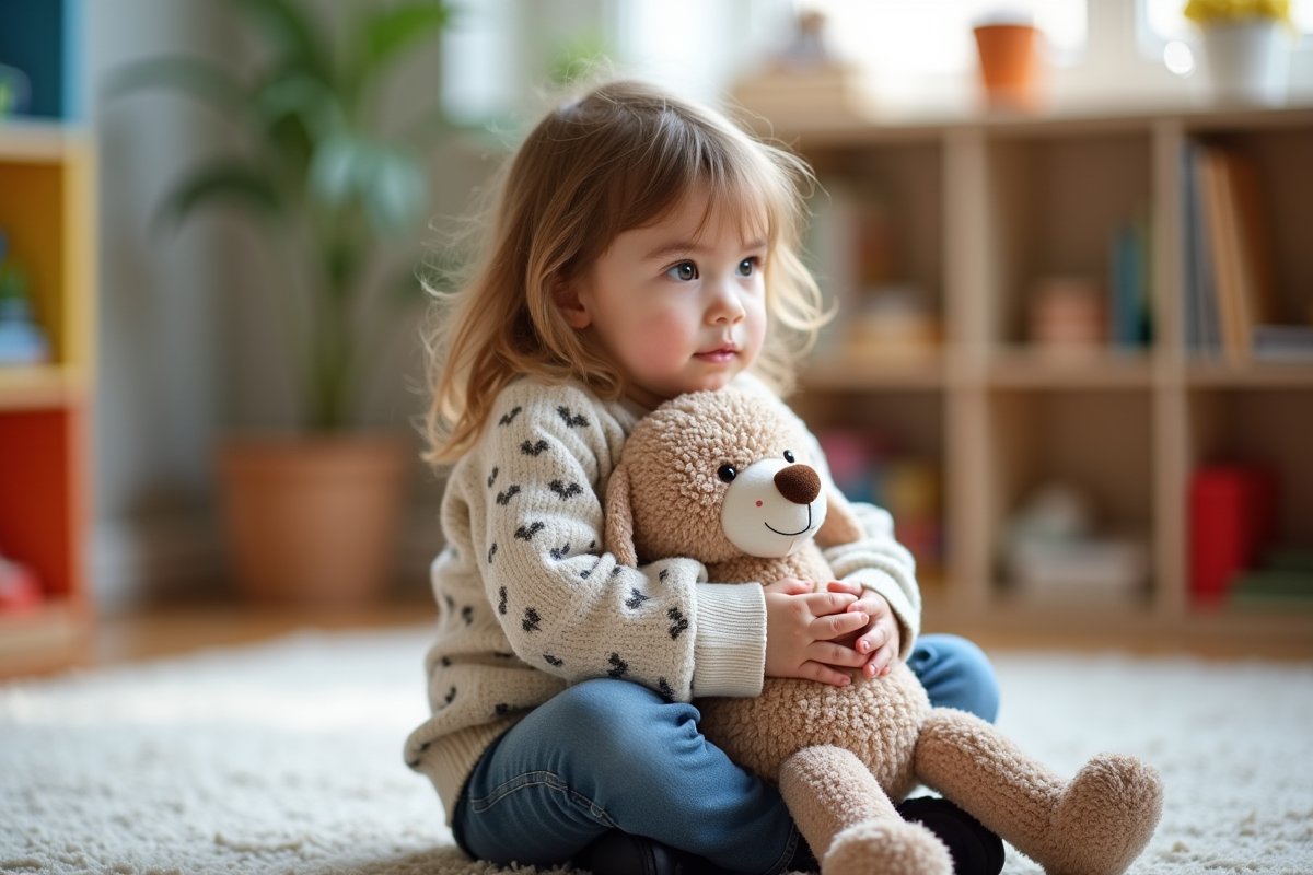 Fille de maternelle assise avec peluche dans une salle de jeux
