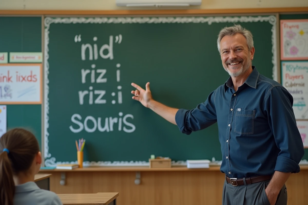 Instituteur pointant un tableau de rimes en -i dans une salle de classe primaire authentique