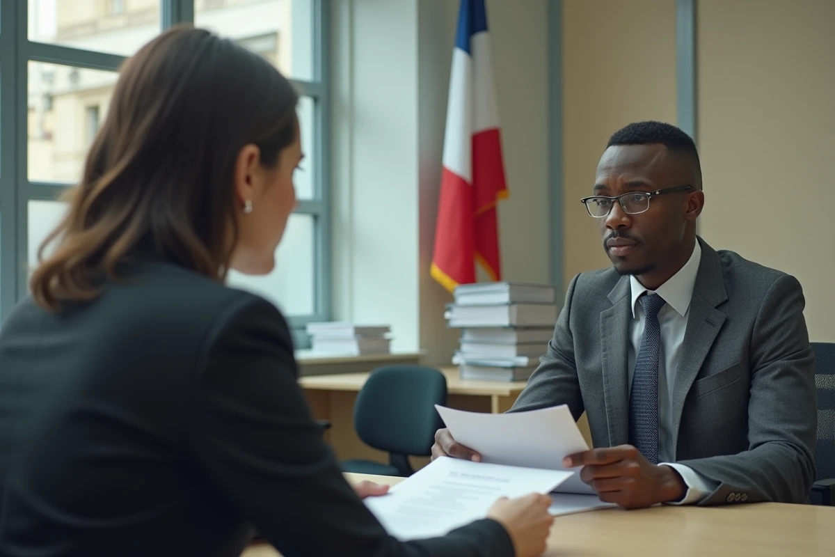 Homme en entretien de naturalisation face à une fonctionnaire dans un bureau administratif officiel de préfecture