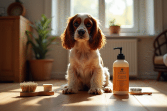 Epagneul anglais assis sur le sol avec brosses et shampoing bio