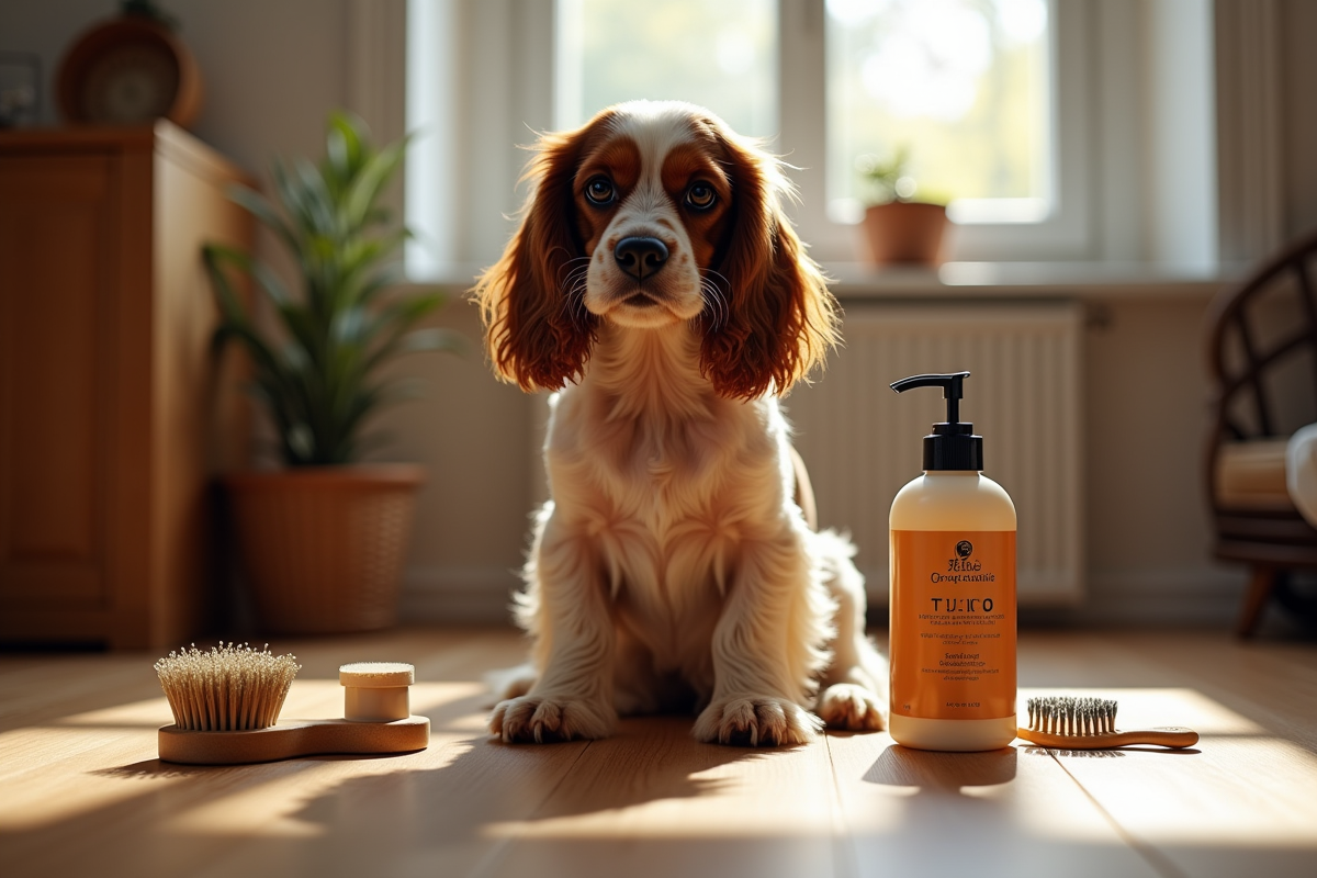 Epagneul anglais assis sur le sol avec brosses et shampoing bio