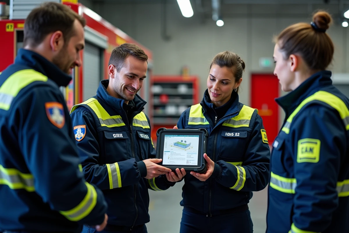 Équipe de secours SDIS 02 discutant avec tablette dans caserne