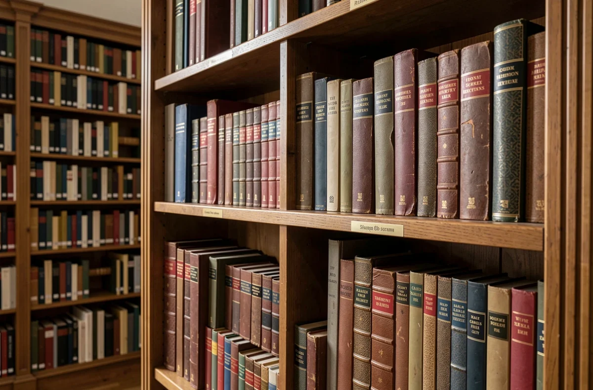 Étagère de dictionnaires dans une bibliothèque calme