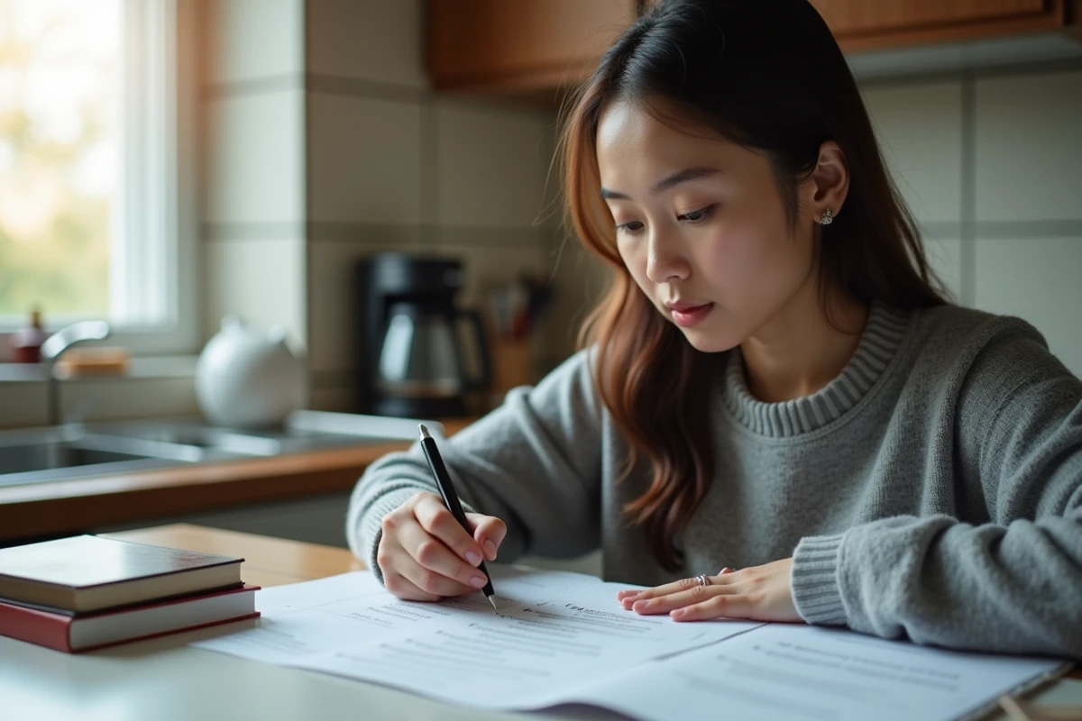 Jeune femme étudiant un guide PDF de questions-réponses pour la naturalisation française à la table de sa cuisine le matin