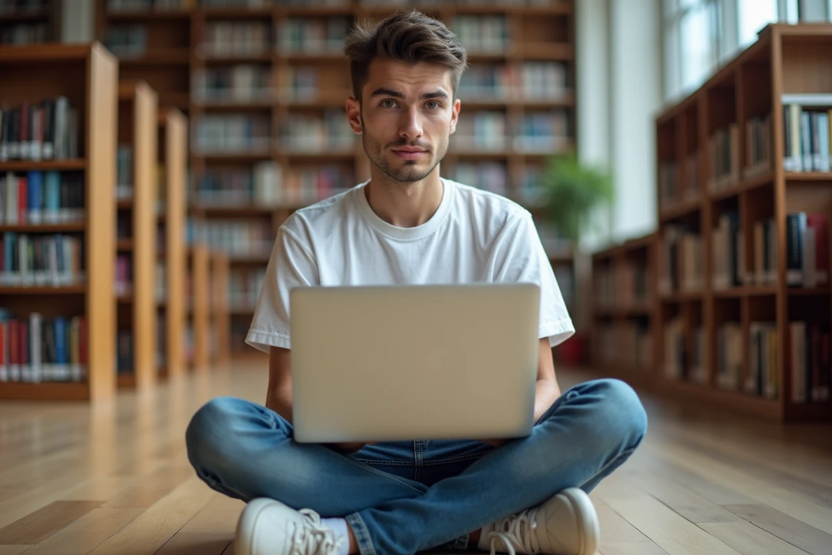 Jeune étudiant assis dans une bibliothèque universitaire consultant un site de téléchargement d'ebooks sur son ordinateur portable, interrogeant la légalité de ces plateformes en France en 2026