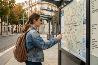 Étudiante consultant le plan du tram de Bordeaux sur le quai d'une station moderne près d'un campus universitaire
