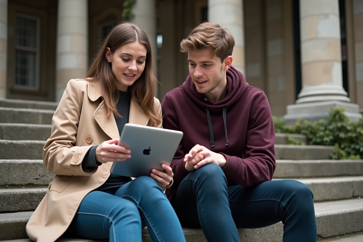 Deux étudiants discutant d'une peinture célèbre sur tablette devant un musée, évoquant les œuvres d'art iconiques mal connues