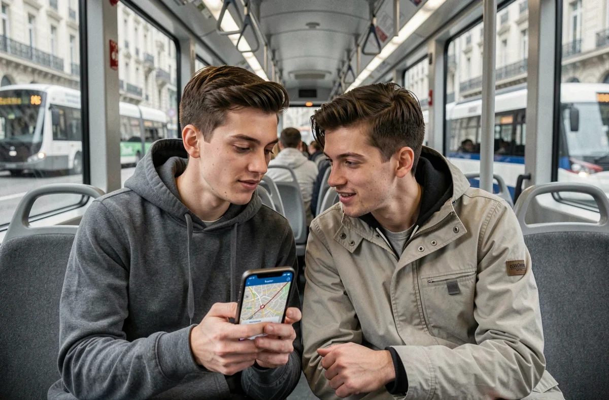Deux étudiants dans le tram de Bordeaux consultant un plan numérique des lignes sur smartphone