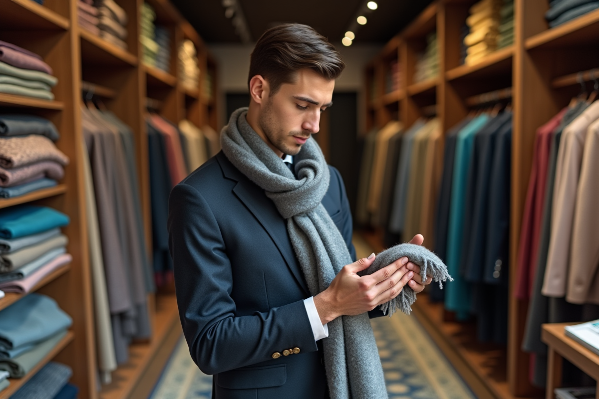 Jeune homme examinant un cachemire dans une boutique