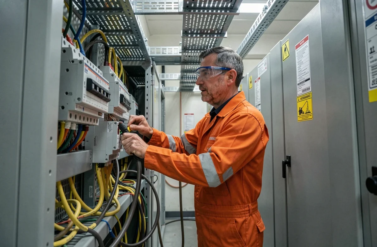 Technicien Fabelec travaillant sur un tableau électrique industriel dans un bâtiment tertiaire à Nancy