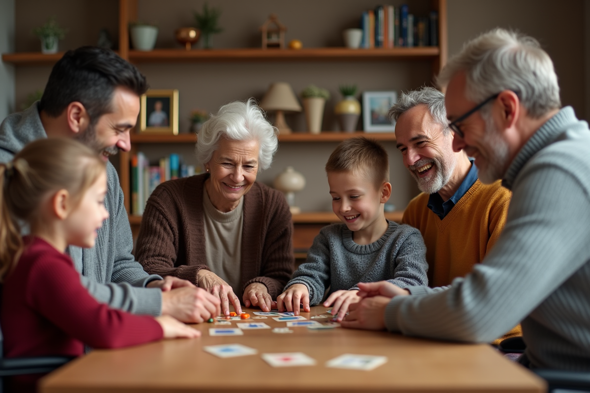 Famille multigenerations jouant à un jeu de société dans la salle
