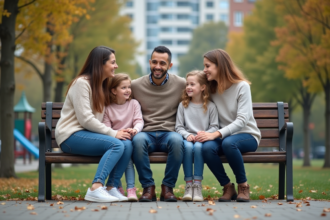 Trois familles diverses assises sur un banc dans un parc urbain