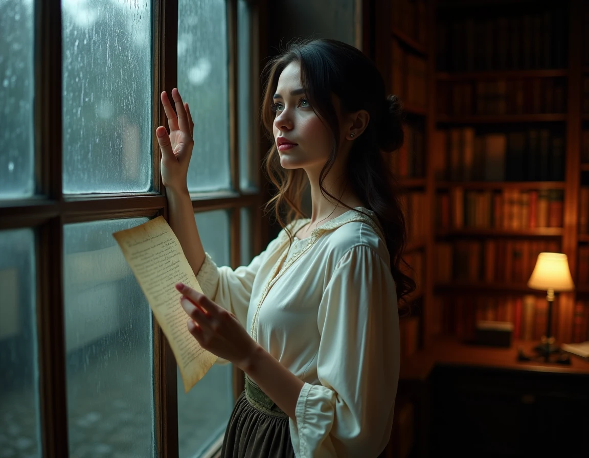 Femme mélancolique tenant une lettre manuscrite près d'une fenêtre pluvieuse dans une bibliothèque ancienne, évoquant l'amour non partagé