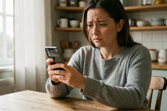 Femme inquiète recevant un appel masqué sur son smartphone à la maison, illustrant les numéros inconnus et les spams téléphoniques