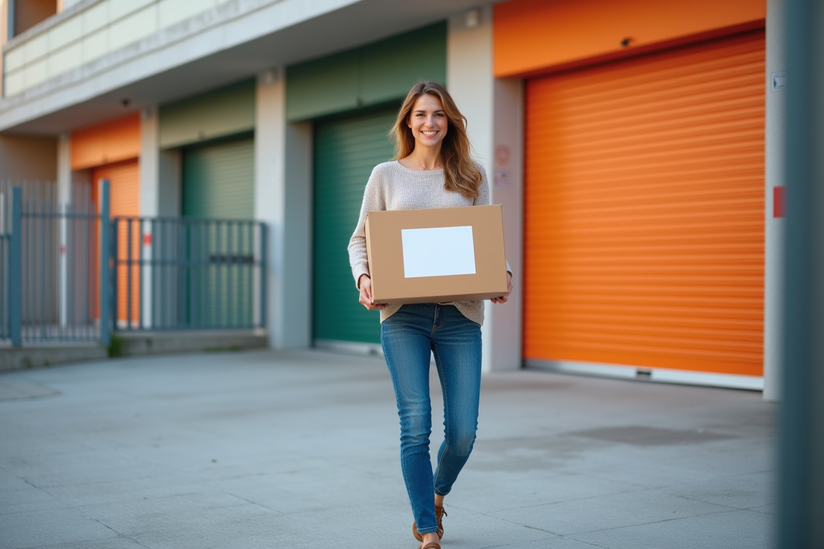 Jeune femme souriante avec boîte dans un centre de stockage à Mille