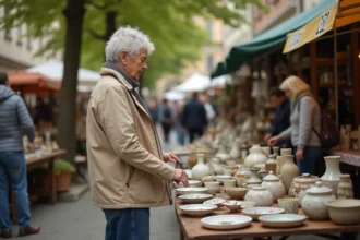 Femme d'âge moyen parcourant des céramiques vintage au marché
