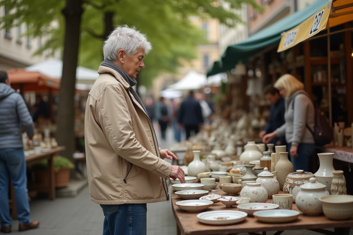 Femme d'âge moyen parcourant des céramiques vintage au marché